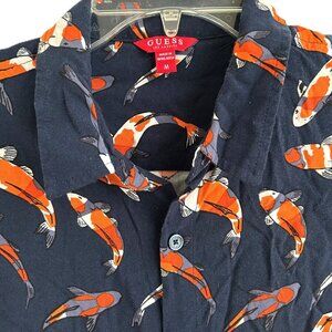 Men’s Medium Koi Fish GUESS Navy Orange Button Up Shirt EUC Preppy Art Japan